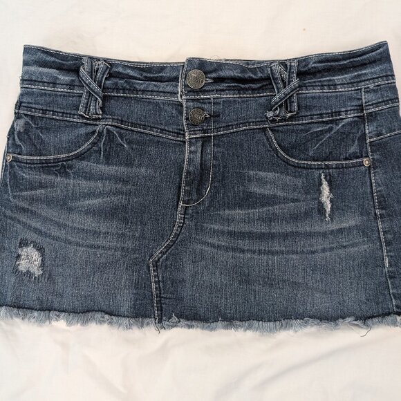 XOXO Dresses & Skirts - XOXO Denim Mini skirt Micro Distressed Fringe Sz 11 / 12 Juniors Blue